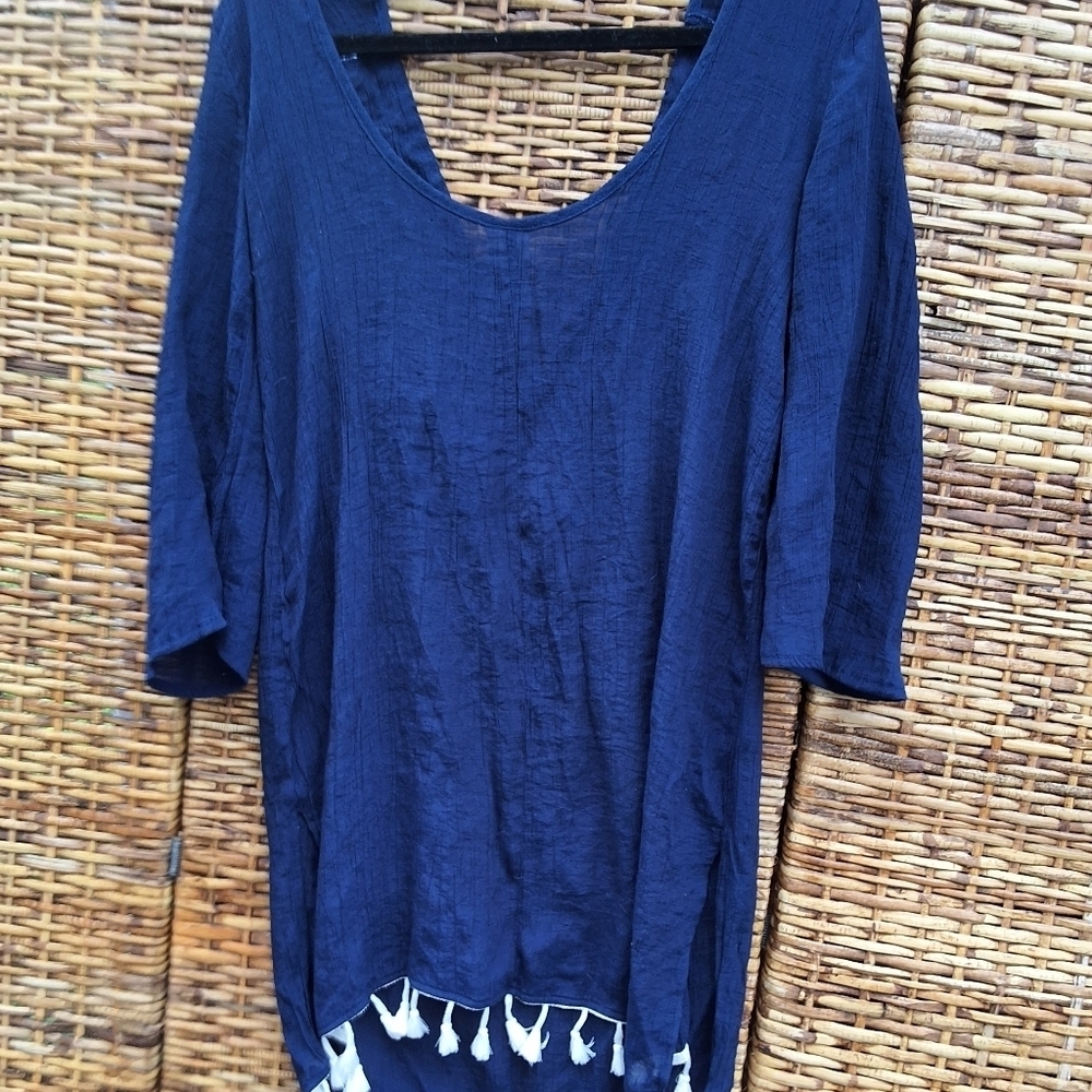 Kona Sol Deep Blue Gauzy Tunic with Elegant Embroidy Swim Cover Up M - Picture 4 of 15